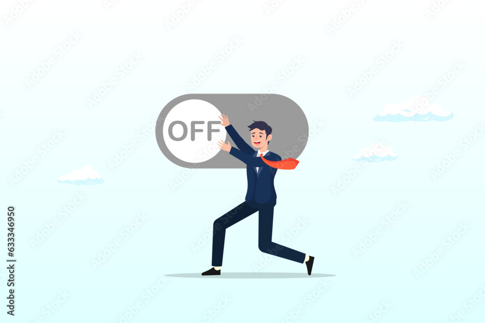Businessman pushing switch to be off in control panel dashboard, switch off or turn off setting preference, analytics control panel or power shutdown electricity, saving energy and ecology (Vector) Businessman pushing switch to be off in control panel dashboard, switch off or turn off setting preference, analytics control panel or power shutdown electricity, saving energy and ecology (Vector)