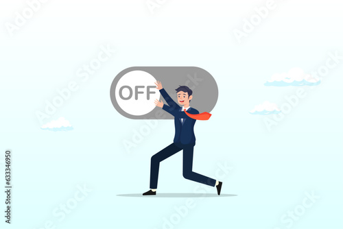 Businessman pushing switch to be off in control panel dashboard, switch off or turn off setting preference, analytics control panel or power shutdown electricity, saving energy and ecology (Vector)
