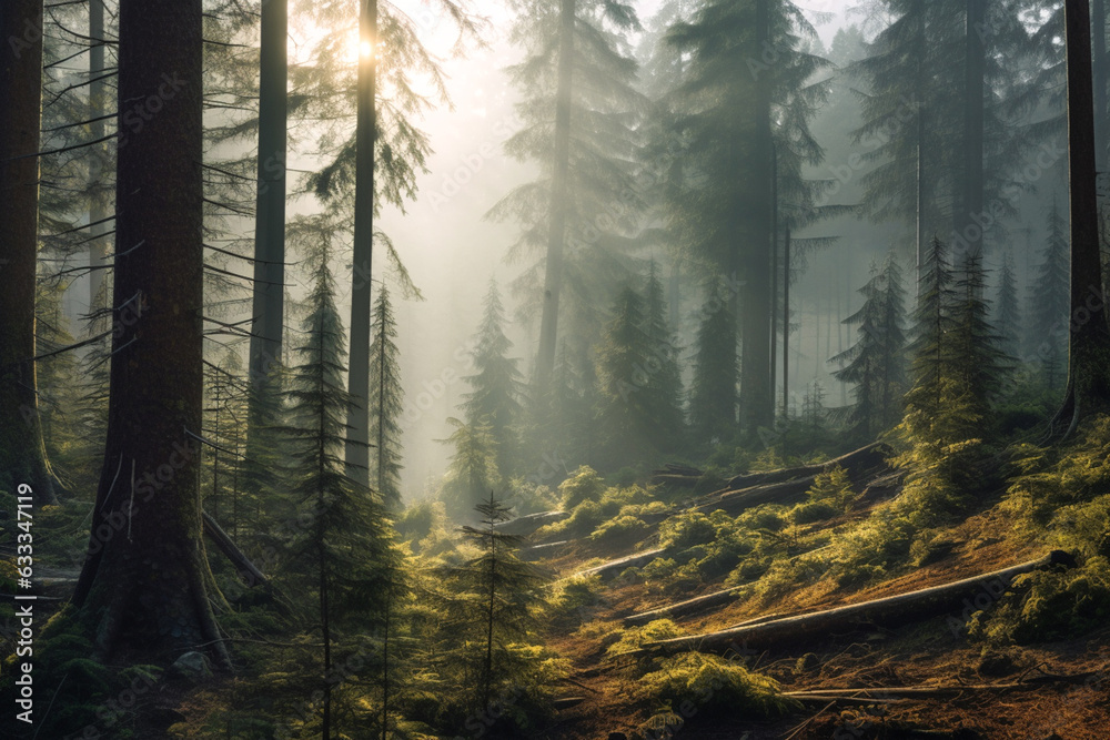 Obraz premium Forest landscape with fir and pine trees, illustration. Generative AI. Nature, wood, forestry, forest land, reserve and national park, image