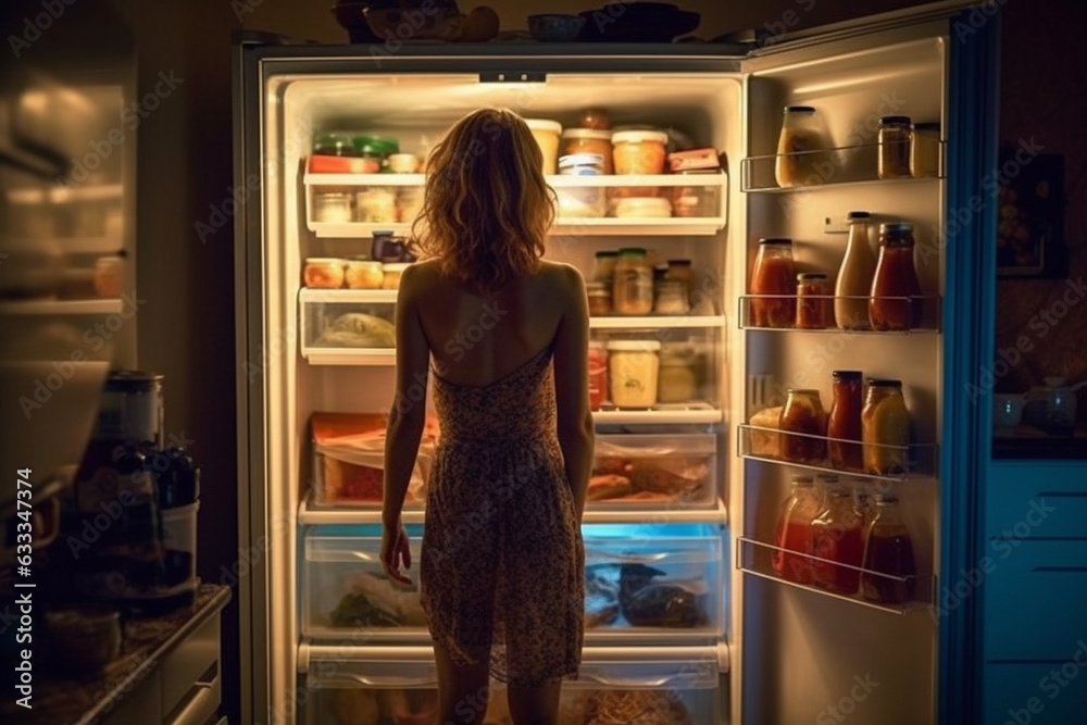 Woman standing in front of an open fridge, looking for a midnight snack..Ai generated
Woman standing in front of an open fridge, looking for a midnight snack..Ai generated