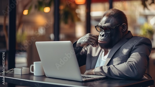 A monkey in a suit works at a computer in a cafe photo