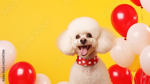 White cute poodle dog with balloons on a festive yellow background. Banner, postcard, copy space. © dwoow