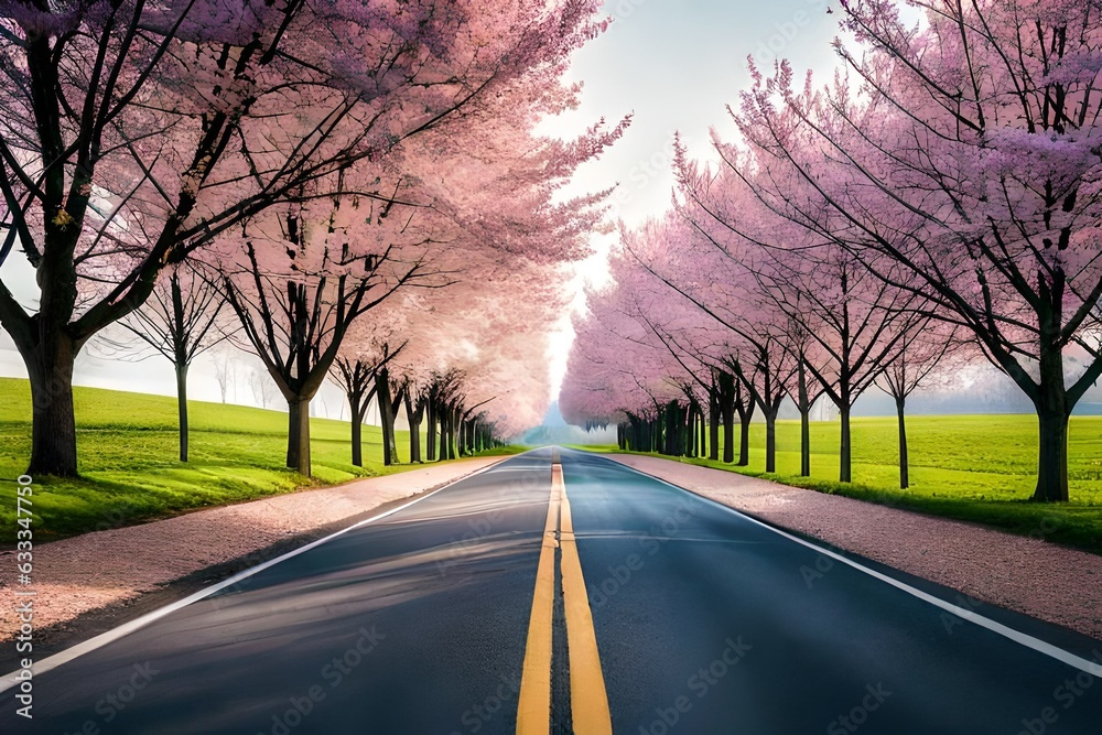 Fototapeta premium Road with blooming trees in spring