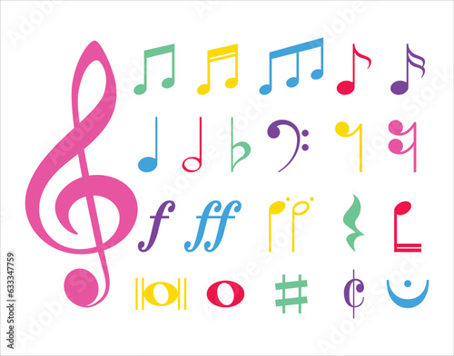 Musical symbols and stave. Collection of music note symbols. Collection of a musical notes.  photo