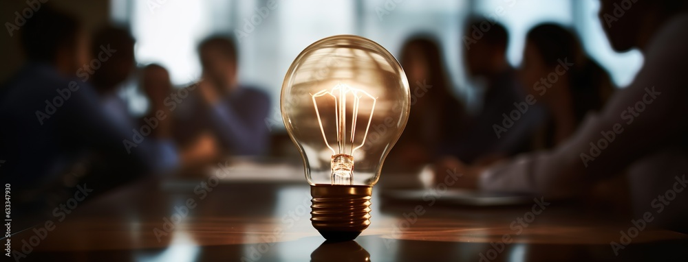 Lightbulb On A Beautiful Wooden Desk With A Business Meeting In The Background - obrazy, fototapety, plakaty 