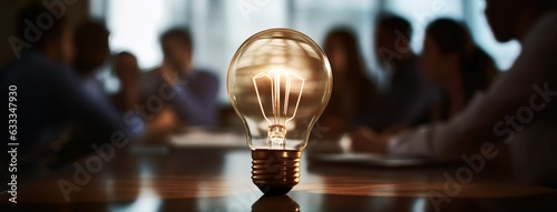 Lightbulb On A Beautiful Wooden Desk With A Business Meeting In The Background photo