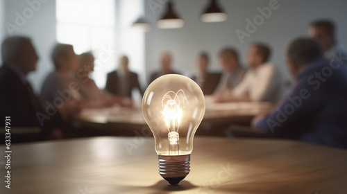 Company meeting with a lightbulb in the front suggesting brilliant business ideas  photo