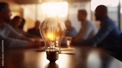 Business Meeting With A Lightbulb In The Foreground Symbolizing Generation Of Ideas  photo