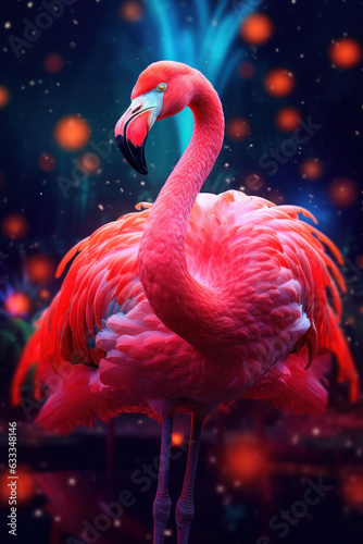 pink flamingo on a blue background. bright graceful bird. illustration glows with lights. generative ai, generative, ai © Svetlana