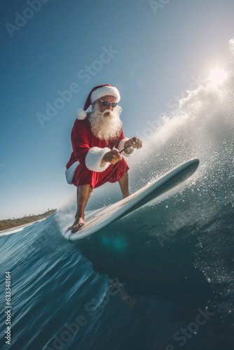 Santa Claus on a surfboard. active pension, sports and health. merry christmas and new year. generative ai, generative