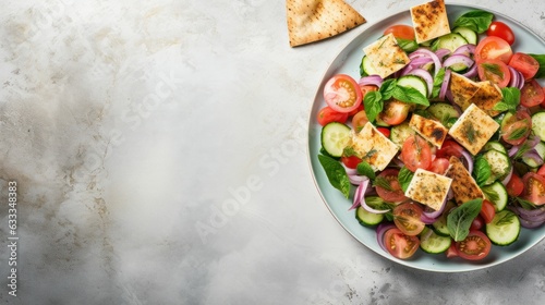 Healthy vegetable salad of fresh tomato, cucumber, onion, spinach, lettuce and sesame on plate. Diet menu. against a white - gold marble table. Top view. Copy space Generative AI