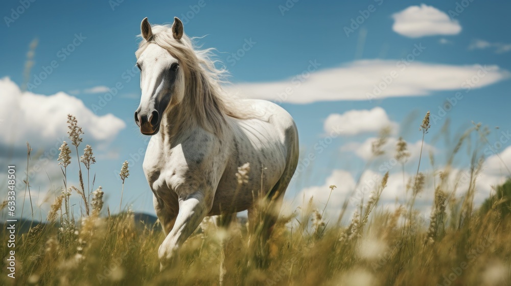 White horse with long mane in green field against sky Generative AI