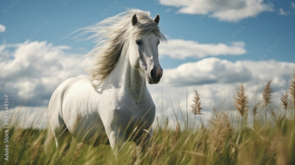 Obraz premium White horse with long mane in green field against sky Generative AI