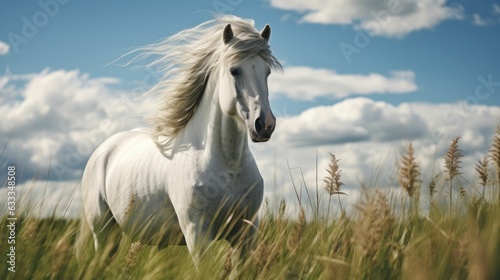 White horse with long mane in green field against sky Generative AI