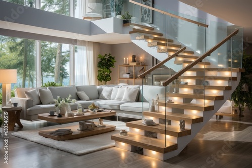 Fotomurale White marble U shape floating stair, led stripe light staircase, tempered glass