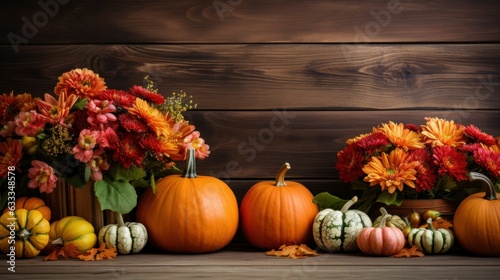 Wooden background with pumpkins and flowers. thanksgiving concept  mock up Generative AI