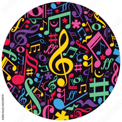 Musical pattern on black background. Collection of music note symbols. photo