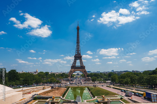 Eiffel Tower in Paris on a sunny day with blue sky and green landscape, captured from an oblique angle. © Aerial Film Studio