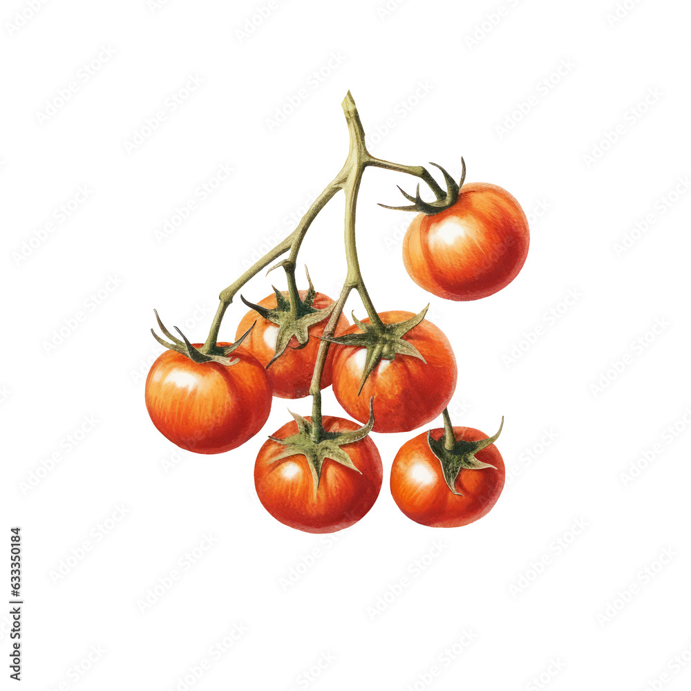 Botanical illustration, retro-style tomatoes on a branch, PNG. Generative AI