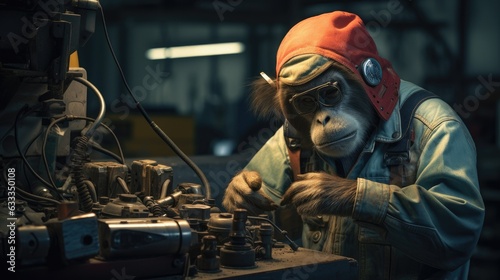 A monkey mechanic hard at work in an auto repair shop. Generative AI