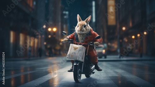A rabbit courier swiftly delivering packages in the city. Generative AI