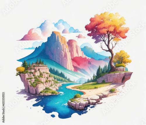 Beautiful nature landscape mountains watercolor background. Generative AI