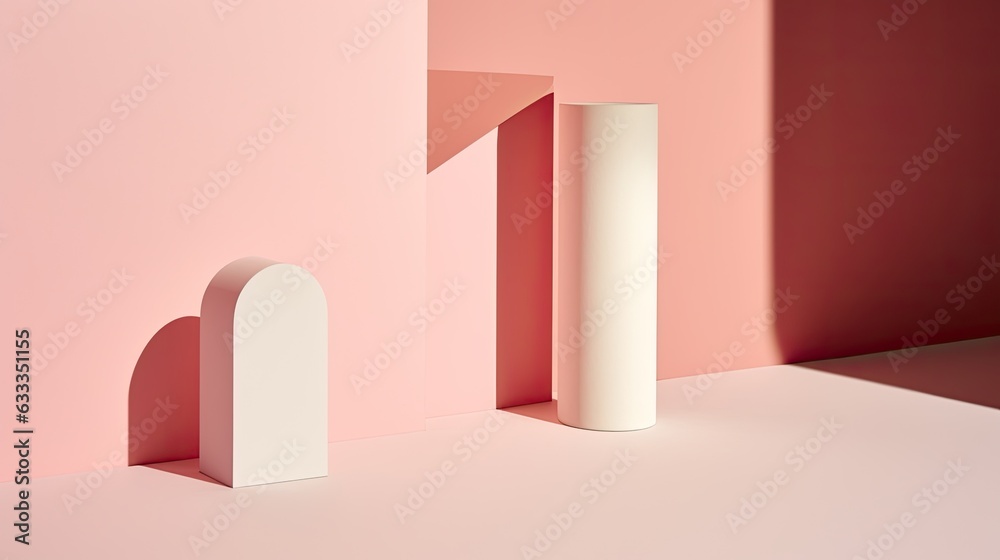 A stark contrast of a white cylinder and arch set against the warm, inviting pink walls of the room creates a visually striking piece of art that speaks to the power of indoor design A stark contrast of a white cylinder and arch set against the warm, inviting pink walls of the room creates a visually striking piece of art that speaks to the power of indoor design