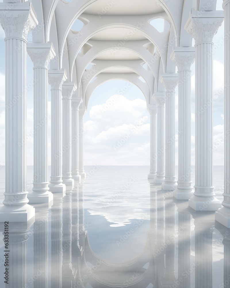 A crisp reflection of an elegant surrealistic colonnade, bathed in the tranquil blue sky, radiates a captivating symmetry of serenity