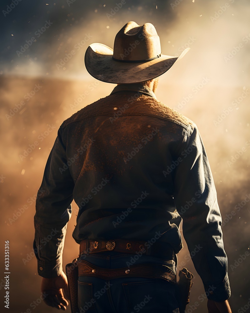 back view of cowboy surrounded by dust