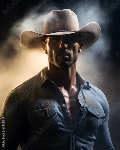 Low lit portrait of sexy cowboy with hat