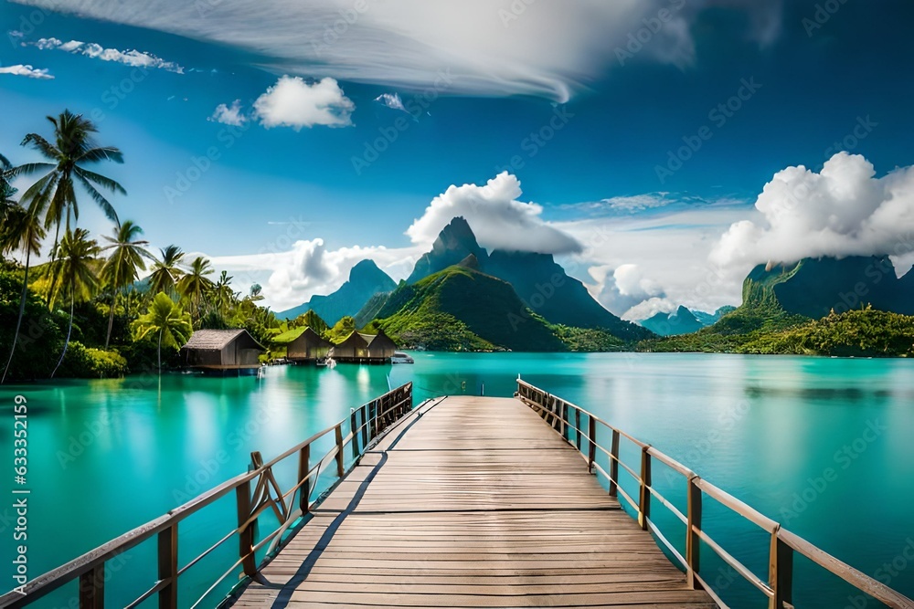 Overwater bungalows, perched on stilts, line the sandy shoreline