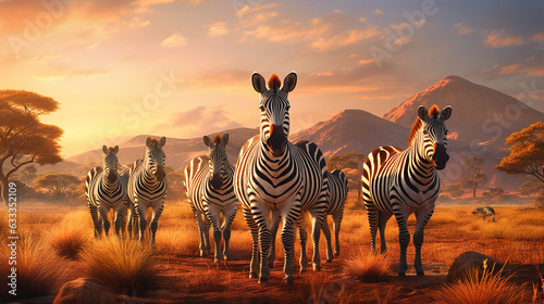 Herd of zebras in the morning sun. Generative AI
