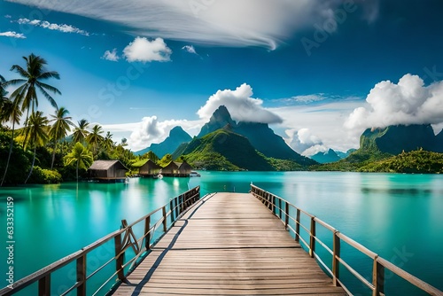 Overwater bungalows  perched on stilts  line the sandy shoreline