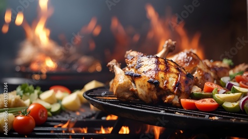 Barbeque chicken grill with delicious grilled meat and vegetables on blurred party background