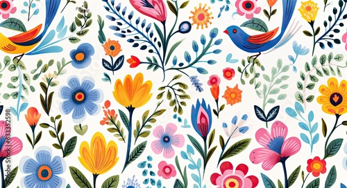 This vibrant floral pattern featuring a bird captures the essence of artistry and imagination, radiating with beauty and joy