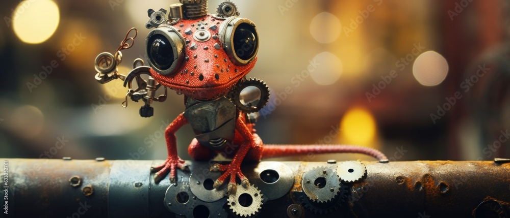 Surreal steampunk red gecko lizard made from rusty mechanical metal gears and cogs, living in a dystopian industrial world where nature is replaced with steelwork factories - generative AI Surreal steampunk red gecko lizard made from rusty mechanical metal gears and cogs, living in a dystopian industrial world where nature is replaced with steelwork factories - generative AI