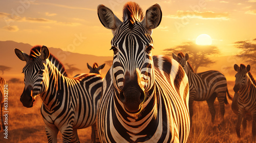 Herd of zebras in the morning sun. Generative AI © Sewupari Studio