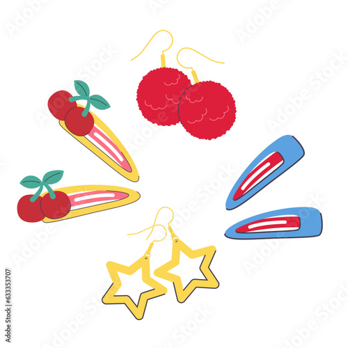 Accessories. Hair clips, earrings. Style of the 90s, 80s. Cute, flat style color illustration.