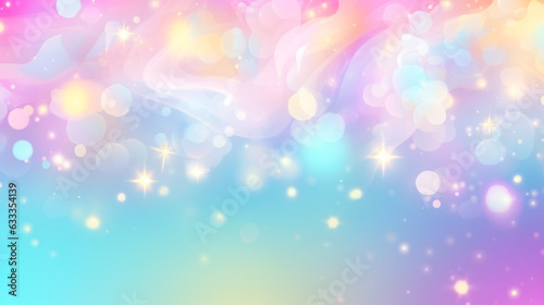 Pastel rainbow background with a few stars and clouds and a Magic holographic galaxy