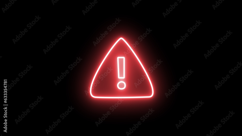 red color neon warning sign on the black background. warning icon. hazard warning attention sign with exclamation mark symbol. - obrazy, fototapety, plakaty 