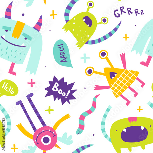 Seamless bright pattern with weird monsters for baby. Abstract vector print with naive monsters for kids textile.