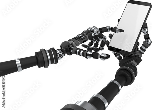Digital png illustration of robot hands using smartphone on transparent background
