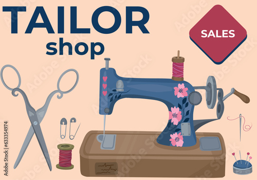 Tailor shop sale banner. Tailor tools and Sewing machine