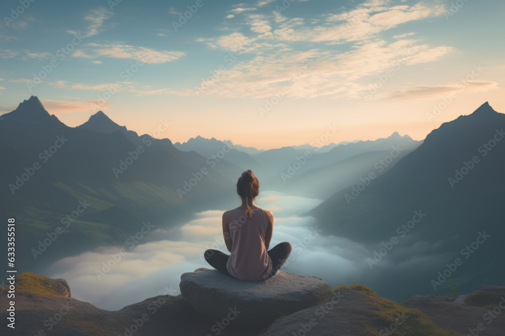 Young woman meditating on a mountain with stunning views to increase her self-awareness and self-knowledge