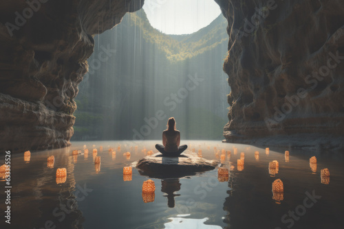 Young woman meditating in a cave with tranquil sounds to improve her attention span