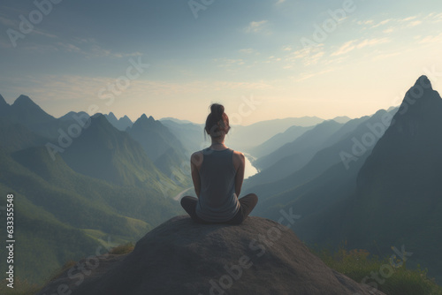 Young woman meditating at dawn on a mountain with panoramic views to improve her anxiety and stress levels and improve her concentration