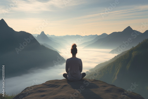 Fotografia, Obraz Young woman meditating at dawn on a mountain with panoramic views to improve her