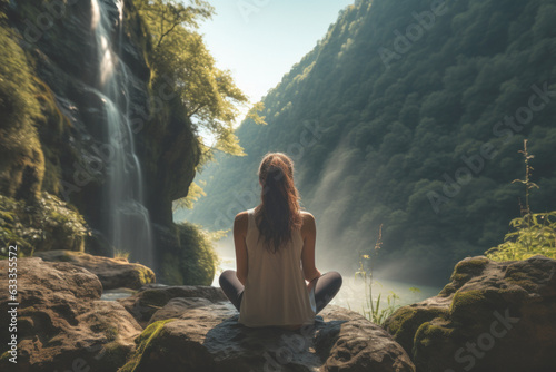 Young woman meditating at the foot of a relaxing waterfall to improve focus