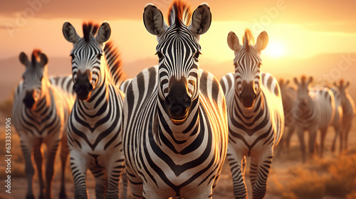 Herd of zebras in the morning sun. Generative AI