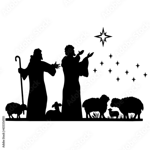 Holy Night silhouette - Nativity scene of baby Jesus silhouette in a manger with Mary and Joseph with the three wise men. Christian Christmas silhouette of animals. Illustration for children.